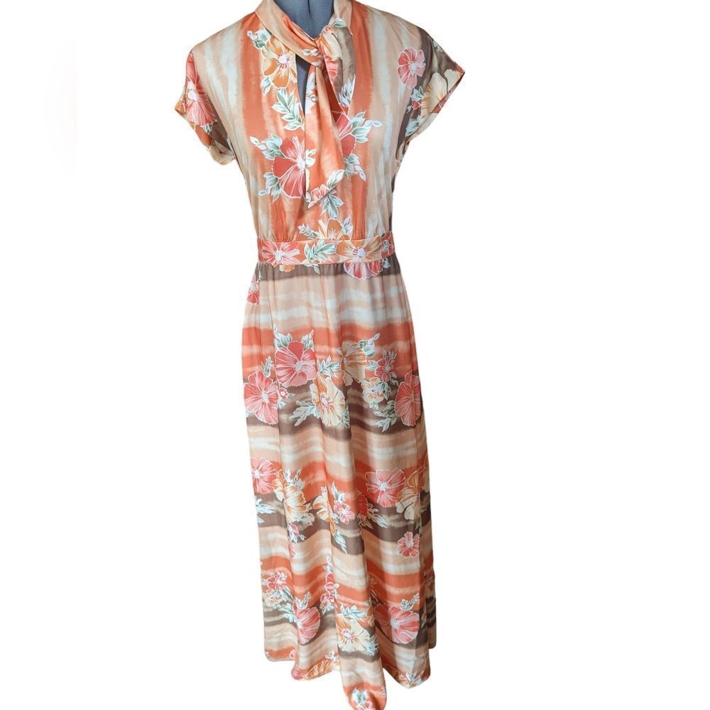70s Vintage orange Hawaiian floral print dress